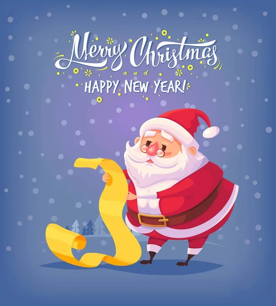 Niedlich cartoon weihnachtsmann lesen geschenkliste frohe weihnachten vektor illustration grußkarte poster — Stockvektor