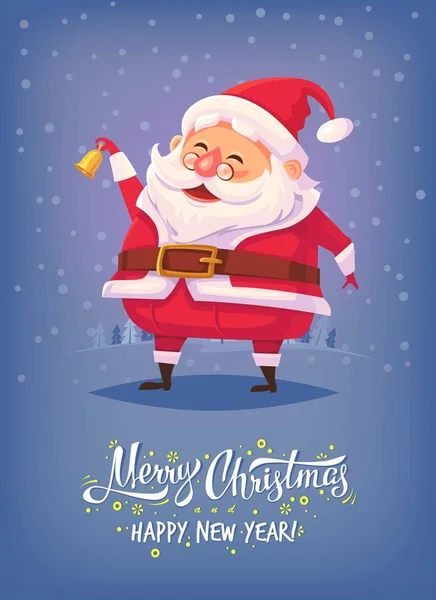 Bonito desenho animado Papai Noel tocando sino e sorrindo Feliz Natal vetor ilustração Cartão de saudação cartaz — Vetor de Stock