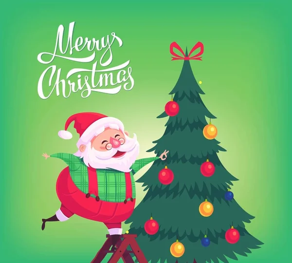 Söta tecknade jultomten dekorera julgranen god jul vektor illustration gratulationskort affisch — Stock vektor