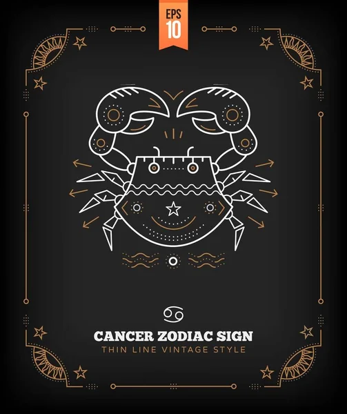 Vintage tunn linje Cancer zodiac sign etikett. Retro vektor astrologiska symbol, mystic, helig geometri element, emblem, logotyp. Stroke disposition illustration. — Stock vektor