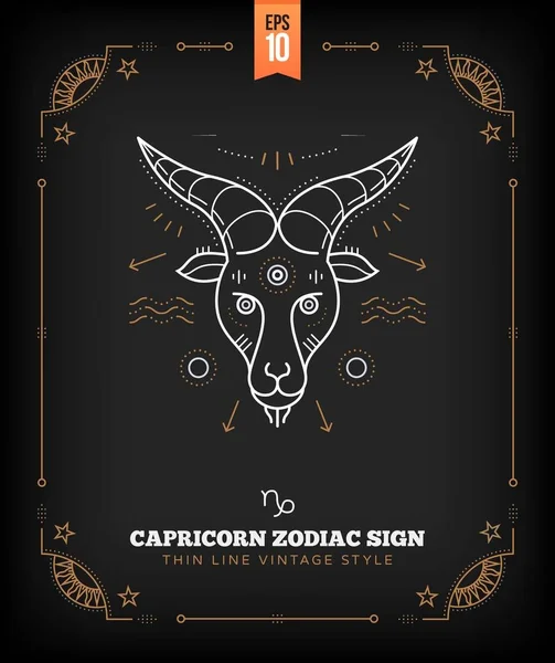 Vintage thin line Capricorn zodiac sign label. Retro vector astrological symbol, mystic, sacred geometry element, emblem, logo. Stroke outline illustration. — Stock Vector