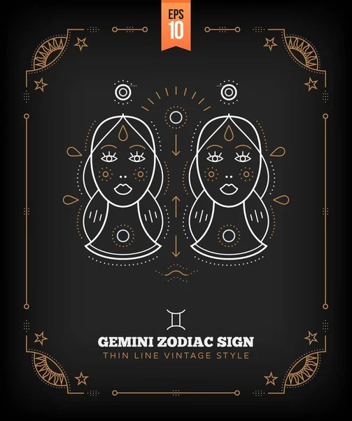 Vintage tunn linje Gemini zodiac sign etikett. Retro vektor astrologiska symbol, mystic, helig geometri element, emblem, logotyp. Stroke disposition illustration. — Stock vektor