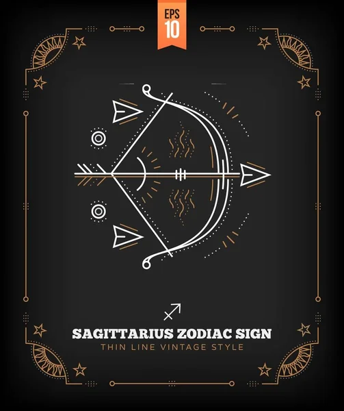 Vintage sottile linea Sagittario etichetta segno zodiacale. Simbolo astrologico retrò vettoriale, mistico, elemento di geometria sacra, emblema, logo. Illustrazione contorno traccia . — Vettoriale Stock