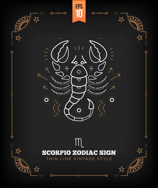 Vintage tenká linie Scorpio zodiac znamení popisek. Retro vektoru astrologický symbol, mystický, posvátné geometrie prvek, emblém, logo. Zdvih obrys obrázku. — Stockový vektor