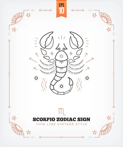 Vintage thin line Scorpio zodiac sign label. Retro vector astrological symbol, mystic, sacred geometry element, emblem, logo. Stroke outline illustration. Isolated on white background. — Stock Vector