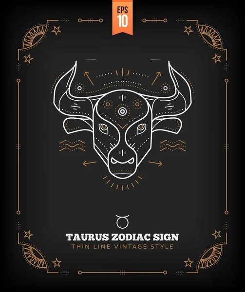 Vintage linha fina Taurus signo do zodíaco rótulo. Símbolo astrológico vetorial retrô, elemento místico, geométrico sagrado, emblema, logotipo. Ilustração do esboço do traço do traço . — Vetor de Stock