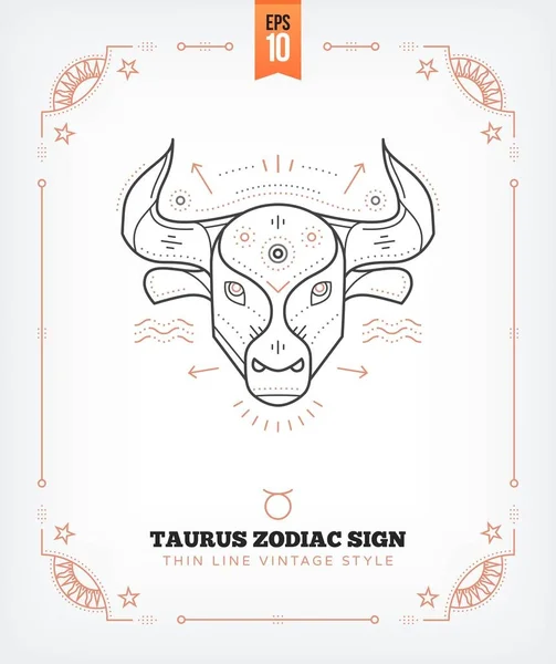 Vintage tunn linje Taurus zodiac sign etikett. Retro vektor astrologiska symbol, mystic, helig geometri element, emblem, logotyp. Stroke disposition illustration. Isolerad på vit bakgrund. — Stock vektor