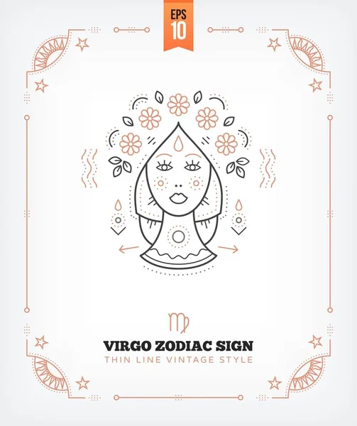 Vintage linea sottile etichetta segno zodiacale Vergine. Simbolo astrologico retrò vettoriale, mistico, elemento di geometria sacra, emblema, logo. Illustrazione contorno traccia. Isolato su sfondo bianco . — Vettoriale Stock