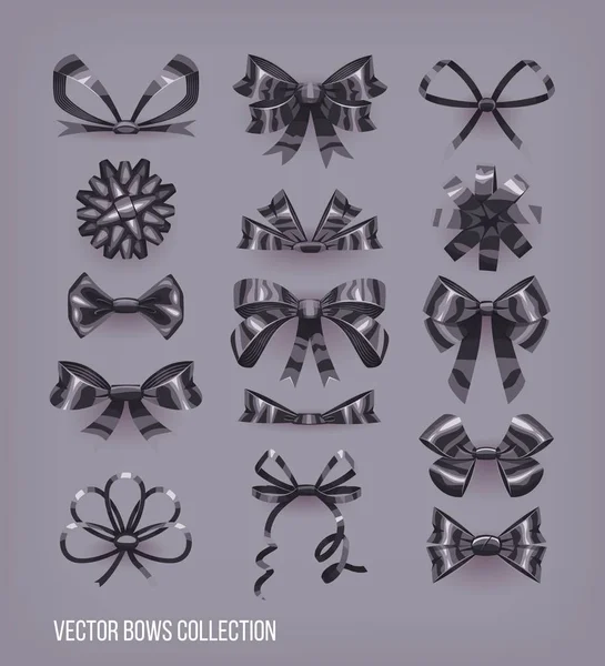 Set di nodi di fiocco in stile cartone animato nero e nastri legati. Collezione di elementi decorativi vettoriali — Vettoriale Stock