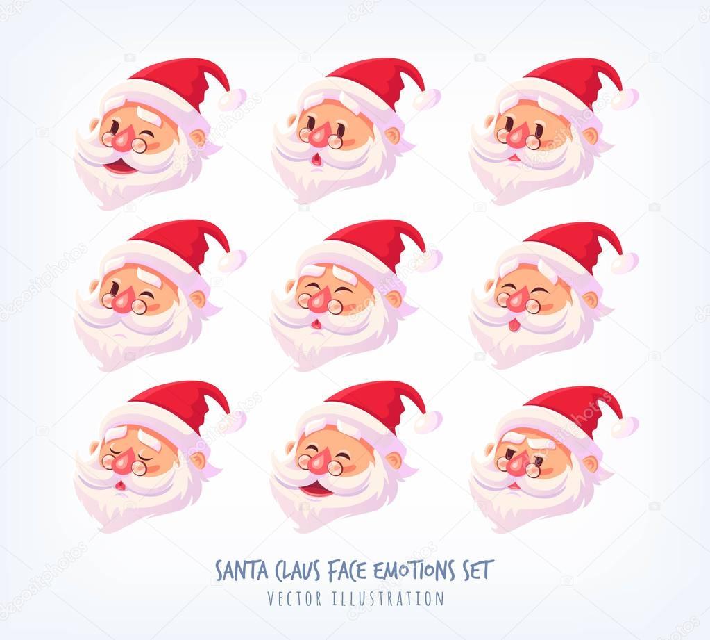 Set of Santa Claus face emotions icons Cute cartoon faces collection Merry Christmas vector illustration