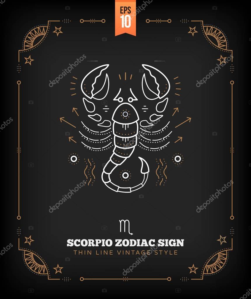 Vintage thin line Scorpio zodiac sign label. Retro vector astrological symbol, mystic, sacred geometry element, emblem, logo. Stroke outline illustration.