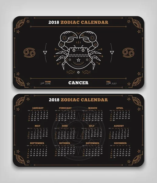 Cancer 2018 år zodiac kalender ficka storlek vågrät layout dubbel sida svart färg design stil vektorillustration koncept — Stock vektor