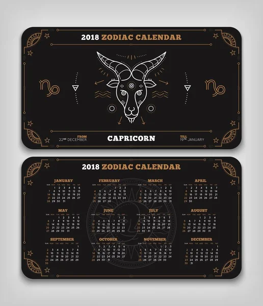 Capricorno 2018 anno zodiaco calendario formato tascabile layout orizzontale Doppio lato colore nero design stile vettoriale concetto illustrazione — Vettoriale Stock