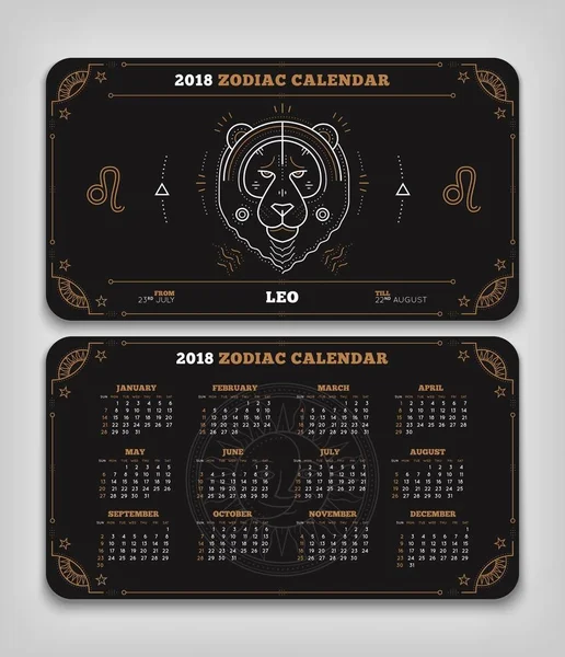 Leo 2018 jahr tierkreis kalender taschengröße horizontal anordnung doppelseite schwarz farbe design stil vektor konzept illustration — Stockvektor