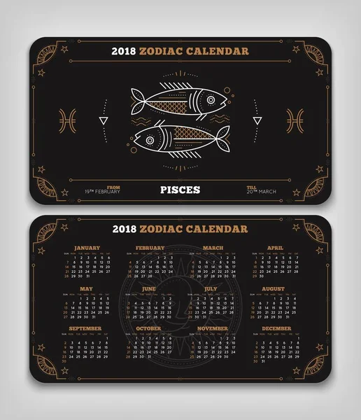 Poissons 2018 année zodiaque calendrier poche taille disposition horizontale Double face noir couleur conception style vectoriel concept illustration — Image vectorielle
