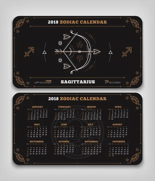 Sagitário 2018 ano zodíaco calendário bolso tamanho horizontal layout Duplo lado preto cor design estilo vetor conceito ilustração — Vetor de Stock
