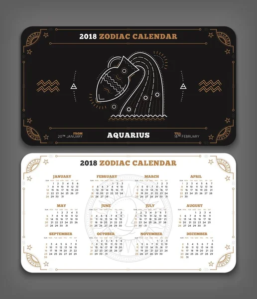 アクエリアス 2018 年干支カレンダー ポケット サイズ水平レイアウト両面黒と白の色デザイン スタイル ベクトル概念図 — ストックベクタ