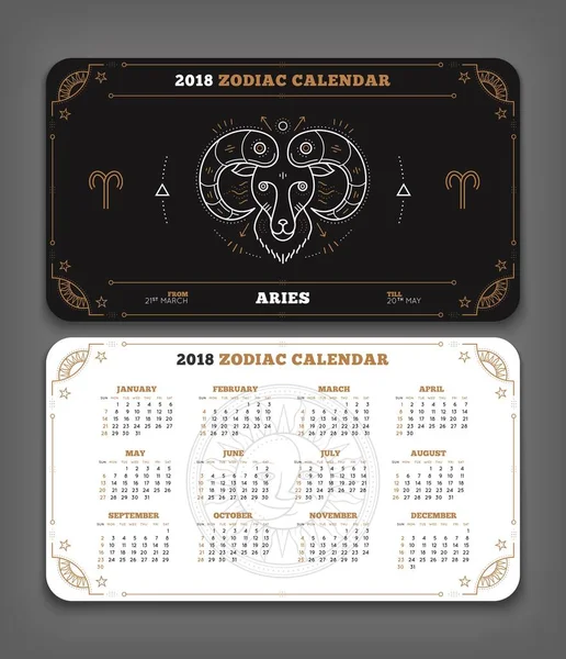 Väduren 2018 år zodiac kalender ficka storlek vågrät layout dubbel sida svart och vit färg design stil vektorillustration koncept — Stock vektor