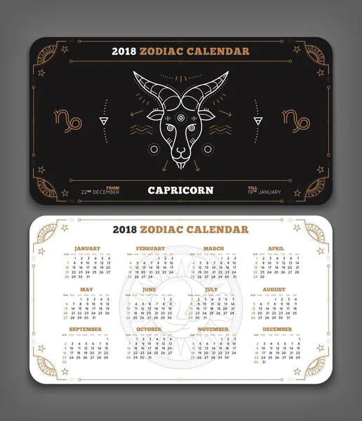 Capricorno 2018 anno calendario zodiacale formato tascabile layout orizzontale Doppio lato bianco e nero design stile vettoriale concetto illustrazione — Vettoriale Stock