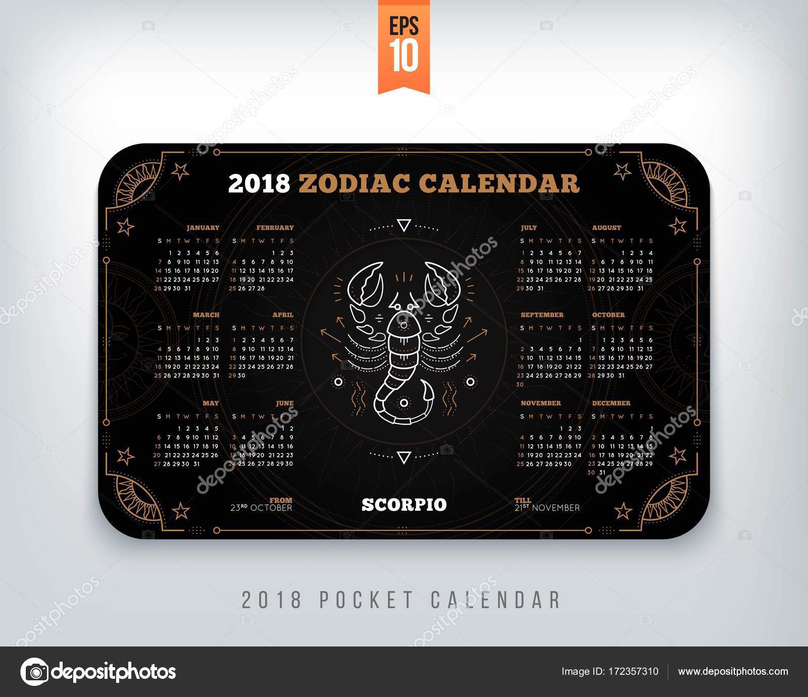 Scorpio 2018 year zodiac calendar pocket size horizontal layout Black