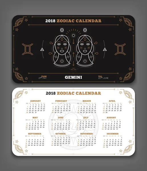 Gemini 2018 år zodiac kalender ficka storlek vågrät layout dubbel sida svart och vit färg design stil vektorillustration koncept — Stock vektor