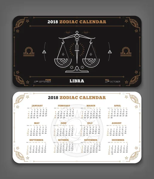 Libra 2018 évben Zodiákus naptár zseb méret vízszintes elrendezés dupla fekete-fehér színű design stílusban vektor fogalma illusztráció — Stock Vector