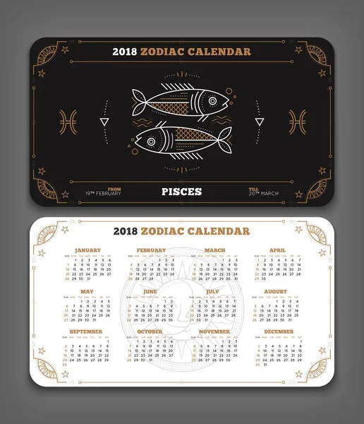 Poissons 2018 année zodiaque calendrier poche taille disposition horizontale Double face noir et blanc design couleur style vectoriel concept illustration — Image vectorielle