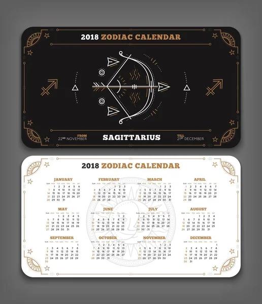 Skytten 2018 år zodiac kalender ficka storlek vågrät layout dubbel sida svart och vit färg design stil vektorillustration koncept — Stock vektor