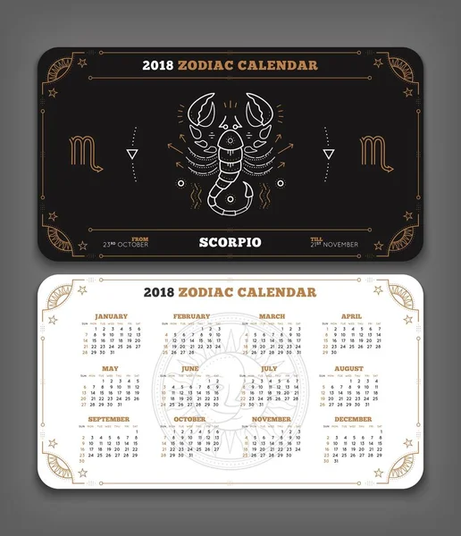蠍座 2018 年干支カレンダー ポケット サイズ水平レイアウト両面黒と白の色デザイン スタイル ベクトル概念図 — ストックベクタ