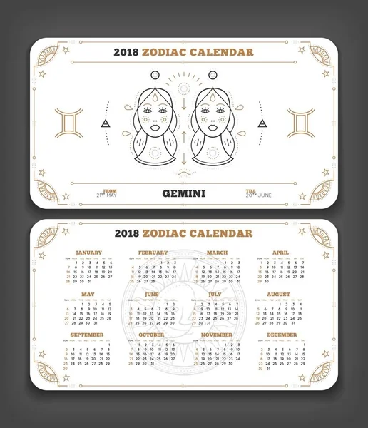 Gémeaux 2018 année zodiaque calendrier poche taille disposition horizontale Double face blanc couleur conception style vectoriel concept illustration — Image vectorielle