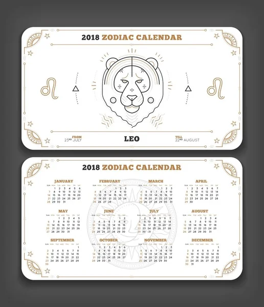Leo 2018 år zodiac kalender ficka storlek vågrät layout dubbel sida vit färg design stil vektorillustration koncept — Stock vektor