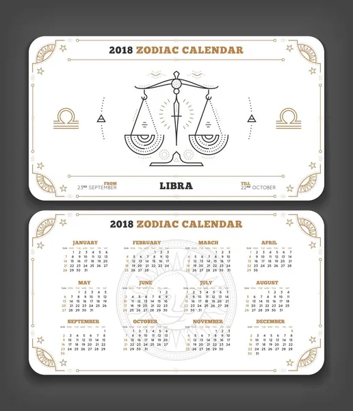 Libra 2018 ano zodíaco calendário bolso tamanho horizontal layout Duplo lado branco cor design estilo vetor conceito ilustração — Vetor de Stock