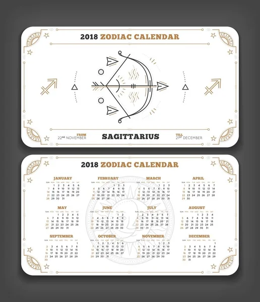 Boogschutter 2018 jaar dierenriem kalender pocket formaat horizontale indeling dubbele kant wit design stijl concept vectorillustratie — Stockvector
