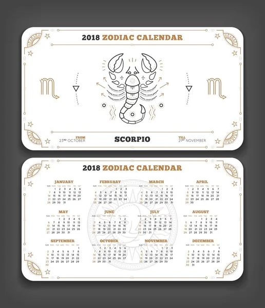 Scorpio 2018 rok zvěrokruhu kalendář kapesní velikost vodorovné rozložení oboustranně bílé barvy designu stylu vektorové koncept ilustrace — Stockový vektor