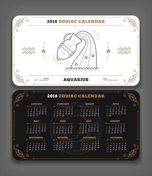 Acquario 2018 anno calendario zodiacale formato tascabile layout orizzontale Doppio lato bianco e nero design stile vettoriale concetto illustrazione — Vettoriale Stock