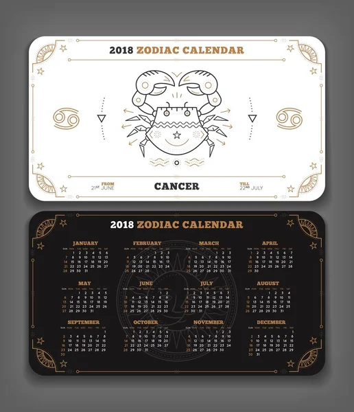 Cáncer 2018 año calendario zodiaco bolsillo tamaño horizontal diseño Doble lado negro y blanco diseño de color estilo vector concepto ilustración — Archivo Imágenes Vectoriales