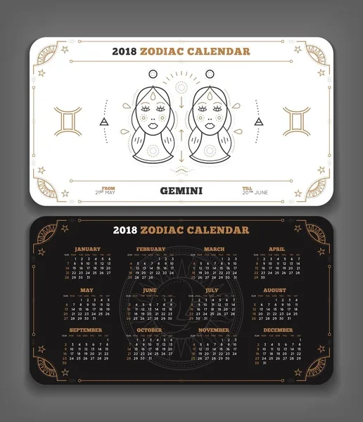 Gémeaux 2018 année zodiaque calendrier poche taille disposition horizontale Double face noir et blanc design couleur style vectoriel concept illustration — Image vectorielle