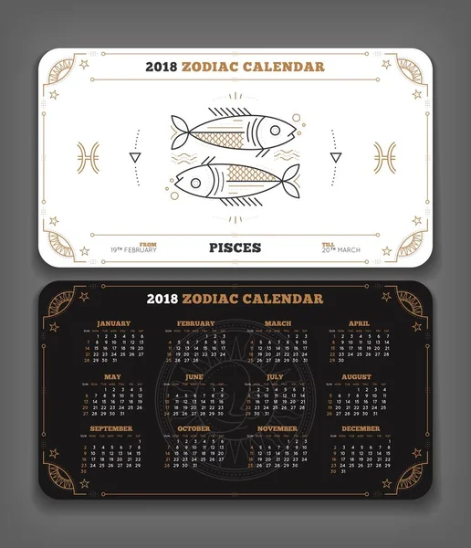 Fiskarna 2018 år zodiac kalender ficka storlek vågrät layout dubbel sida svart och vit färg design stil vektorillustration koncept — Stock vektor