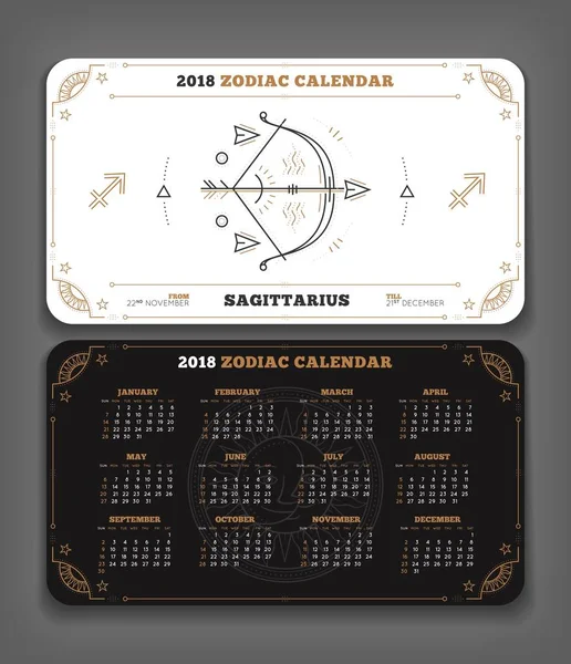 Sagittario 2018 anno calendario zodiacale formato tascabile layout orizzontale Doppio lato bianco e nero design stile vettoriale concetto illustrazione — Vettoriale Stock