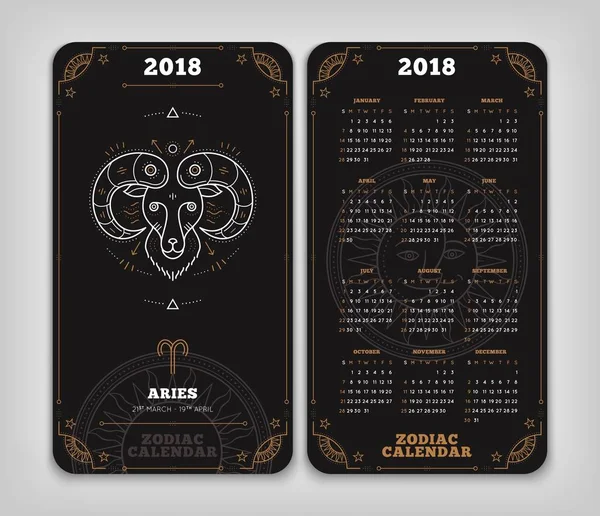 Väduren 2018 år zodiac kalender ficka storlek lodrät layout dubbel sida svart färg design stil vektorillustration koncept — Stock vektor