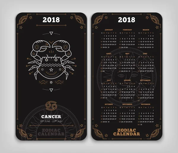 Cancer 2018 année zodiaque calendrier poche taille verticale disposition Double face noir couleur conception style vectoriel concept illustration — Image vectorielle