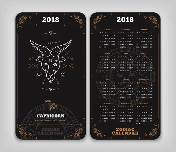 Steinbock 2018 Jahr Tierkreis Kalender Taschengröße vertikales Layout doppelte Seite schwarz Farbe Design Stil Vektor Konzept Illustration — Stockvektor