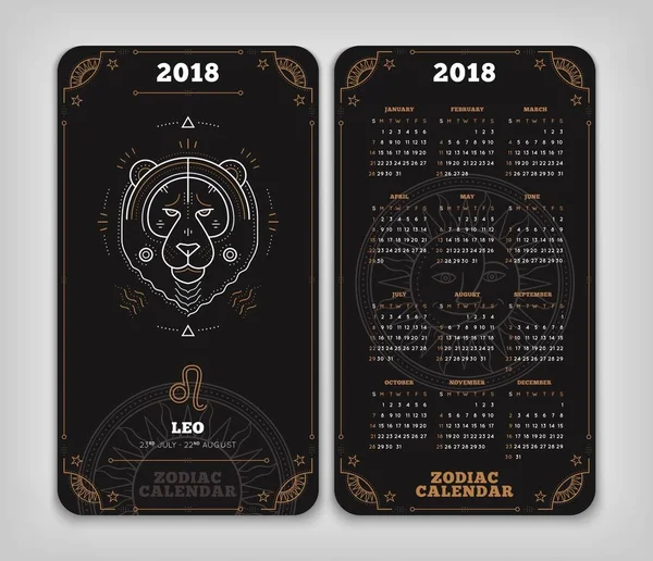 Leo 2018 ano zodíaco calendário bolso tamanho vertical layout Duplo lado preto cor design estilo vetor conceito ilustração — Vetor de Stock