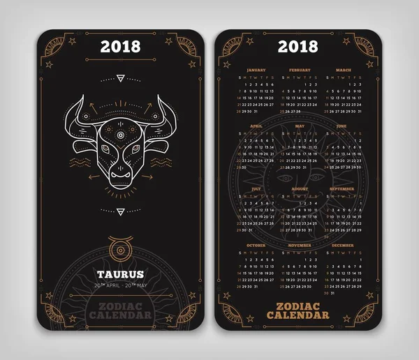 Taurus 2018 année zodiaque calendrier poche taille disposition verticale Double côté noir couleur conception style vectoriel concept illustration — Image vectorielle