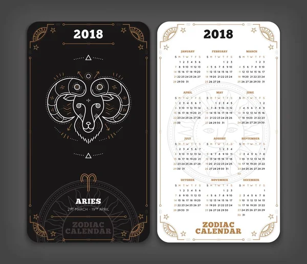 Arues 2018 χρονιά Ζωδιακό ημερολόγιο τσέπη μέγεθος κατακόρυφη διάταξη διπλής όψης μαύρο και άσπρο χρώμα σχεδίου στυλ διάνυσμα έννοια εικονογράφηση — Διανυσματικό Αρχείο