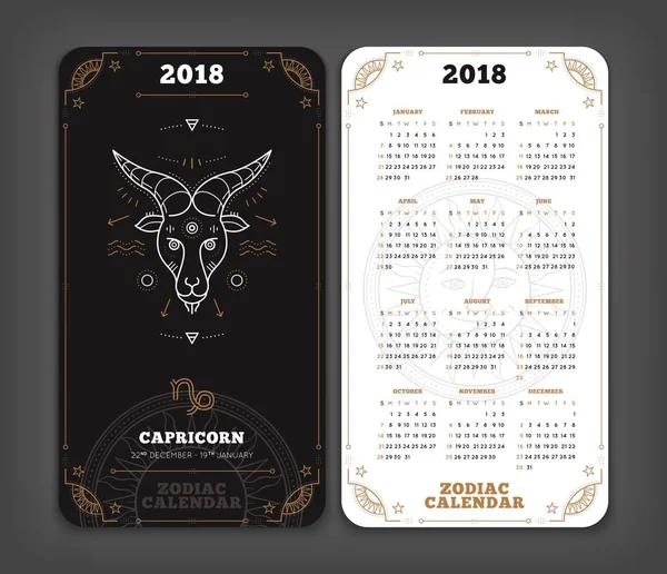 Capricorne 2018 année zodiaque calendrier poche taille disposition verticale Double face noir et blanc design couleur style vectoriel concept illustration — Image vectorielle