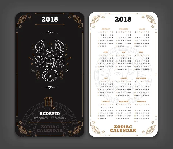 Scorpion 2018 année zodiaque calendrier poche taille disposition verticale Double face noir et blanc couleur conception style vectoriel concept illustration — Image vectorielle