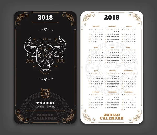 Taurus 2018 jahr tierkreis kalender taschengröße vertikales layout doppelseite schwarz und weiß farbe design stil vektor konzept illustration — Stockvektor