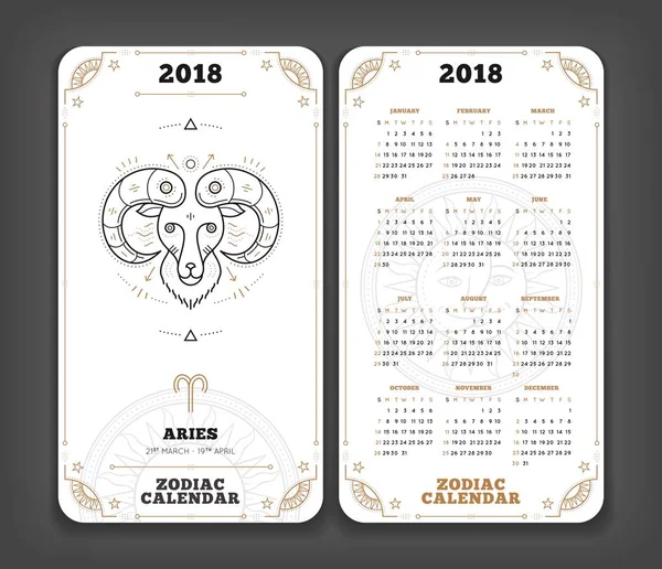 Aries 2018 ano zodíaco calendário bolso tamanho vertical layout Duplo lado preto e branco cor design estilo vetor conceito ilustração — Vetor de Stock