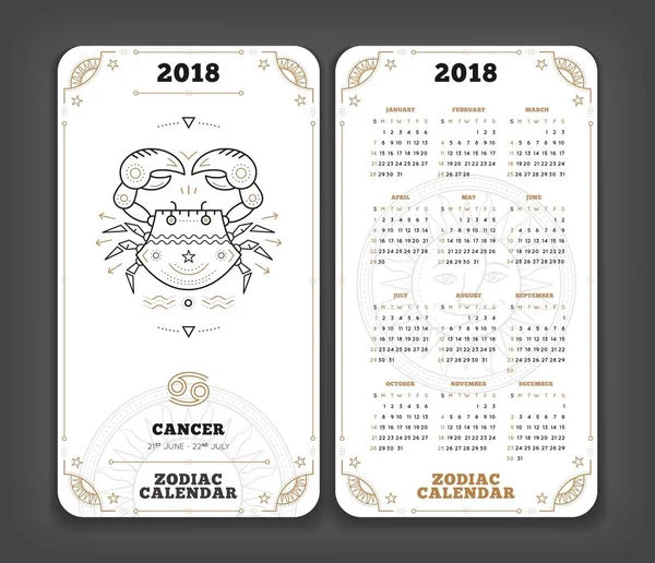 Cancer 2018 år zodiac kalender ficka storlek lodrät layout dubbel sida vit färg design stil vektorillustration koncept — Stock vektor